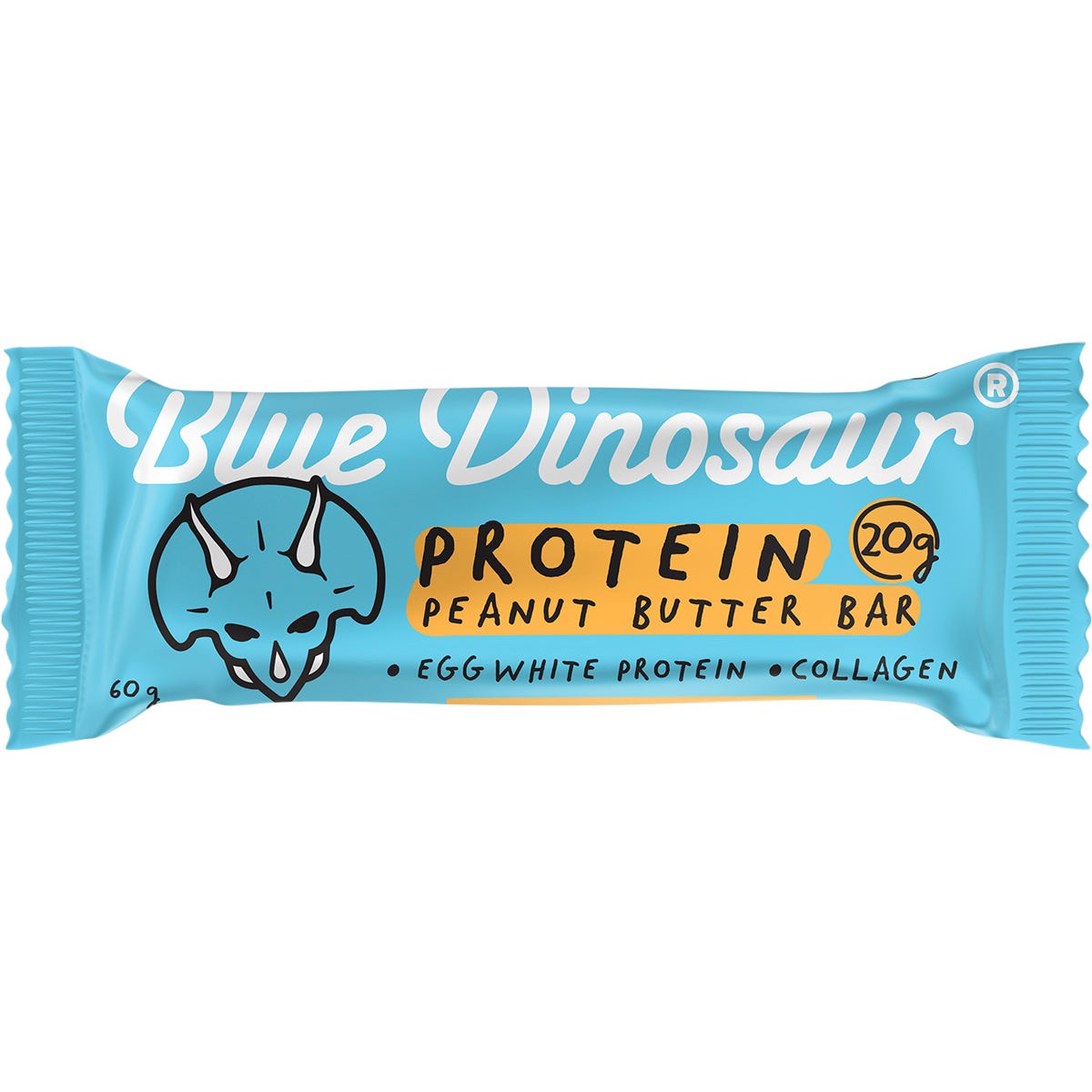 Blue Dinosaur 60g Peanut Butter Protein Bar in a blue and yellow wrapper featuring whole peanut illustrations.