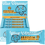 Blue Dinosaur Peanut Butter Protein Bar 12-pack box and single 60g bar with peanut illustrations.