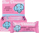 Box of 12 Blue Dinosaur Berry Coconut snack bars (45g) featuring a purple and white label on a white background.