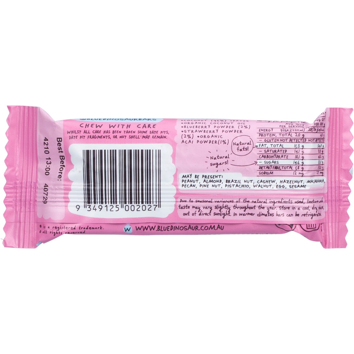 Close-up of a Blue Dinosaur Berry Coconut snack bar in a purple and white wrapper on a white background.