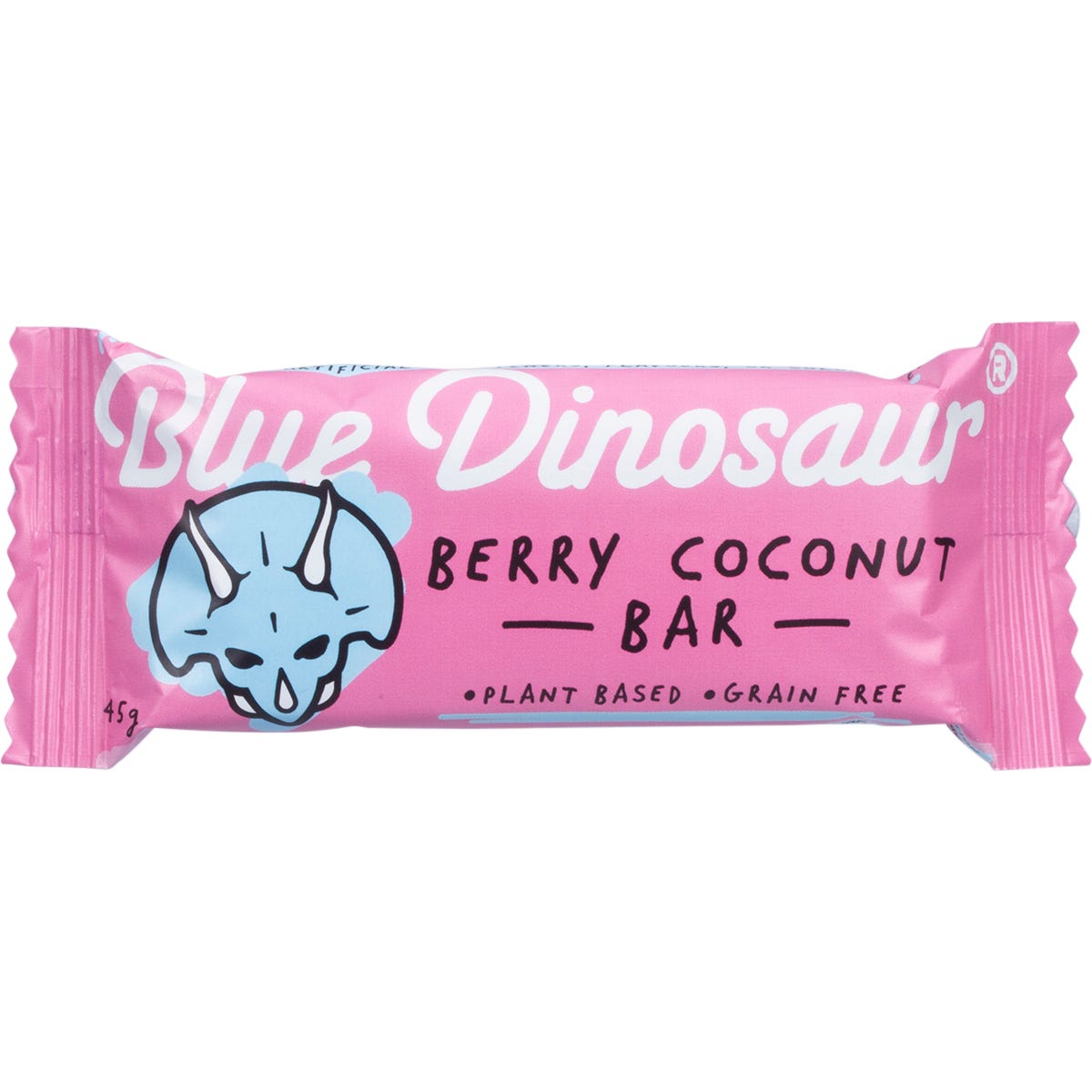 Blue Dinosaur Berry Coconut snack bar in its purple and white wrapper on a plain white background.