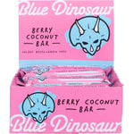 Back of a Blue Dinosaur Berry Coconut snack bar wrapper showing nutrition facts, ingredients, and storage instructions.