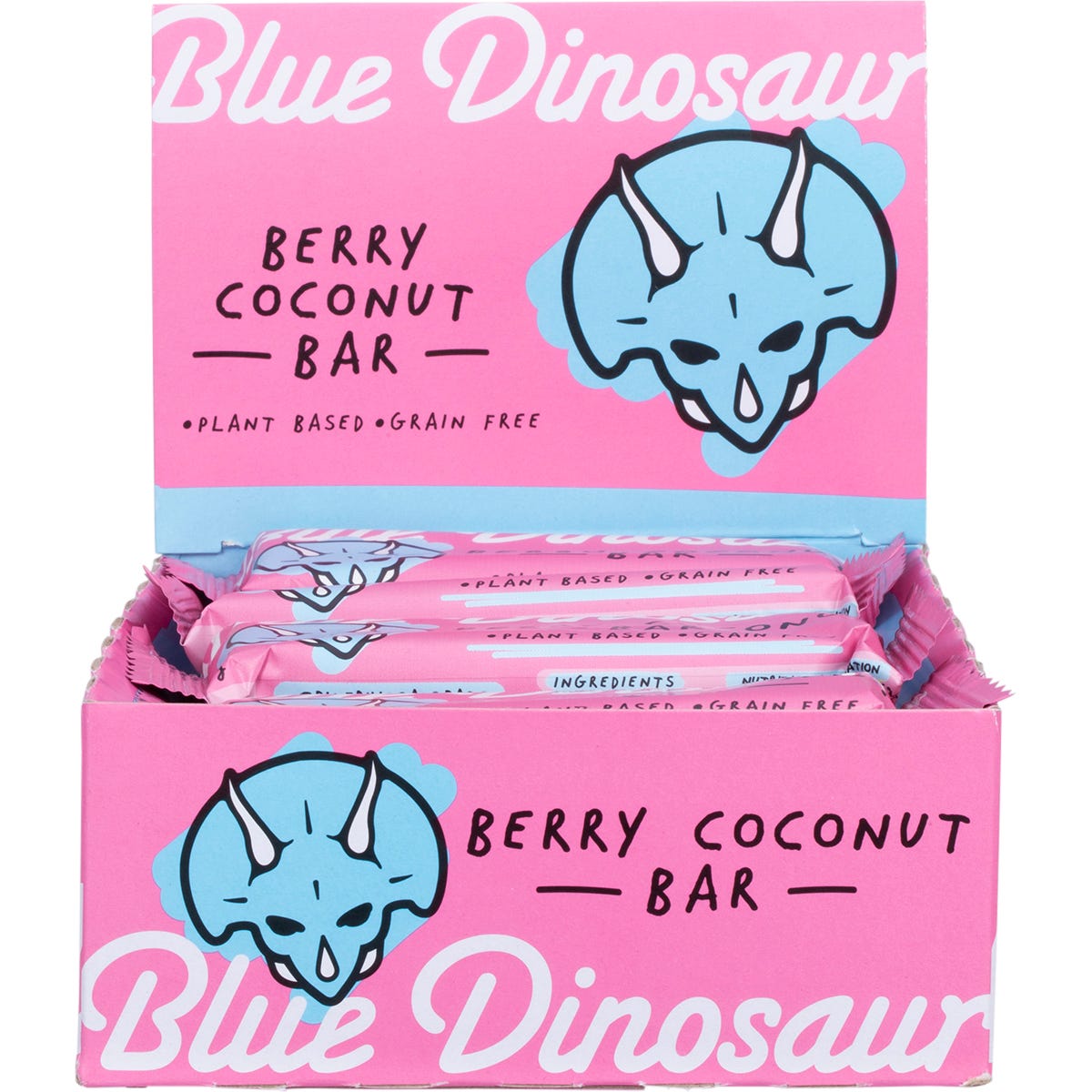 Back of a Blue Dinosaur Berry Coconut snack bar wrapper showing nutrition facts, ingredients, and storage instructions.