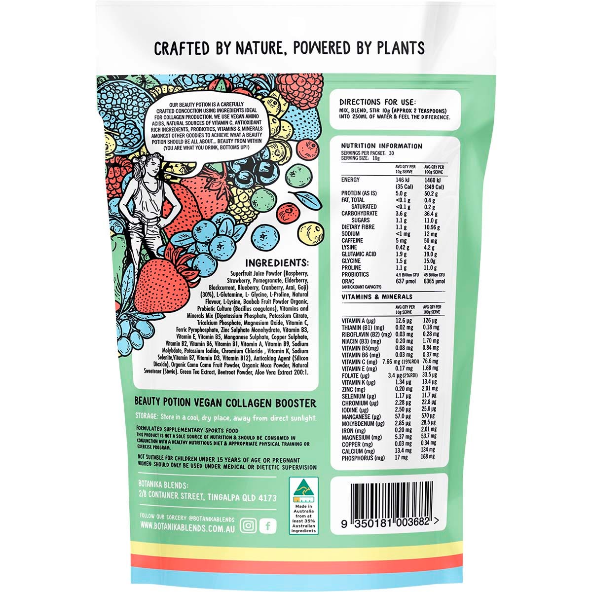 300g tub of Botanika Blends Berry Nice Beauty Potion featuring a colorful floral and superfruit design.