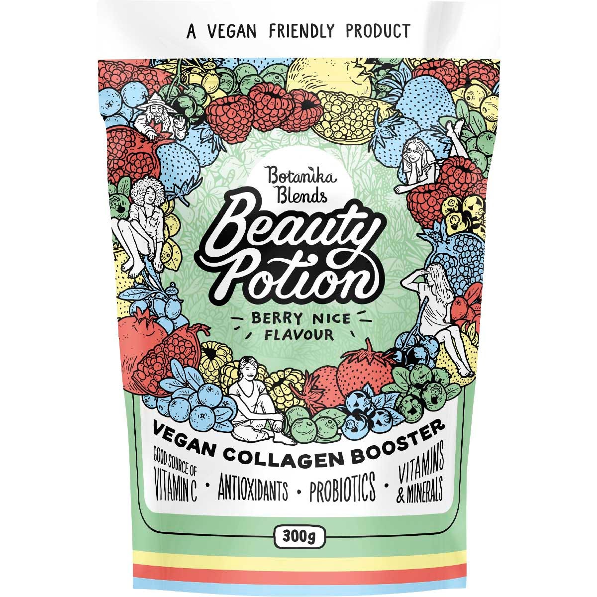 300g tub of Botanika Blends Beauty Potion Berry Nice Vegan Collagen Boost with pink floral and berry illustrations.