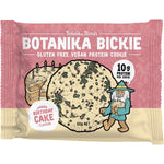Botanika Blends Birthday Cake protein cookie in a blue and white wrapper with colorful sprinkle illustrations.