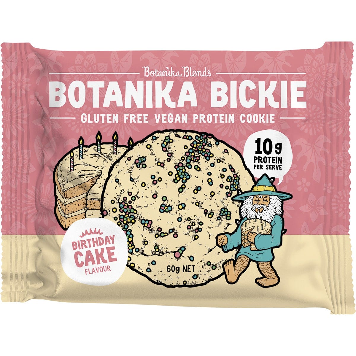Botanika Blends Birthday Cake protein cookie in a blue and white wrapper with colorful sprinkle illustrations.