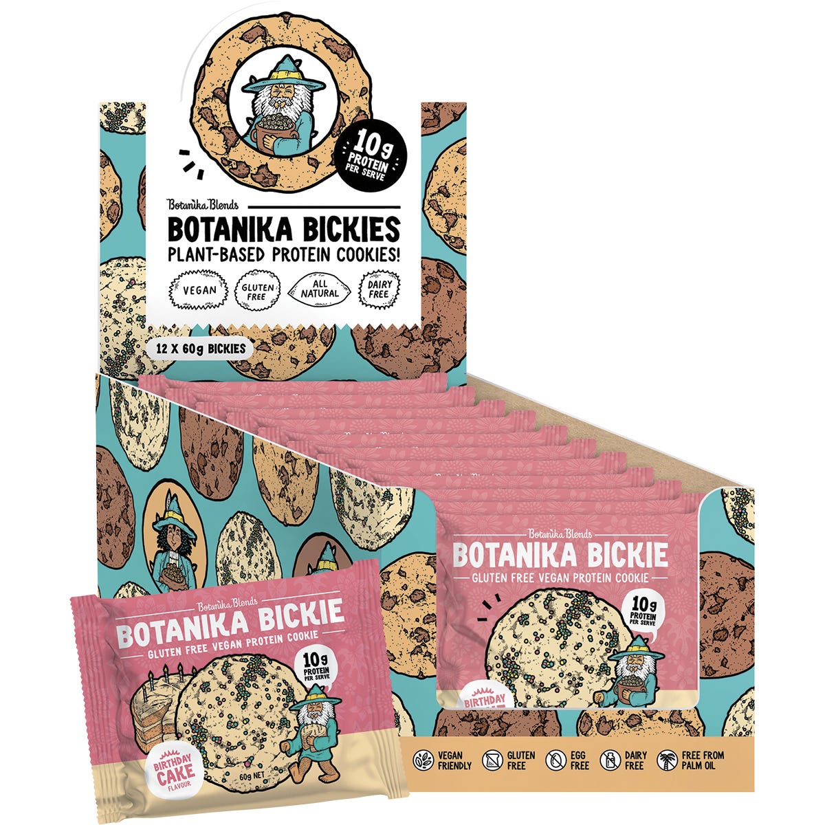 Birthday Cake Botanika Bickie protein cookie and 12-pack box with colorful sprinkles on a white background.