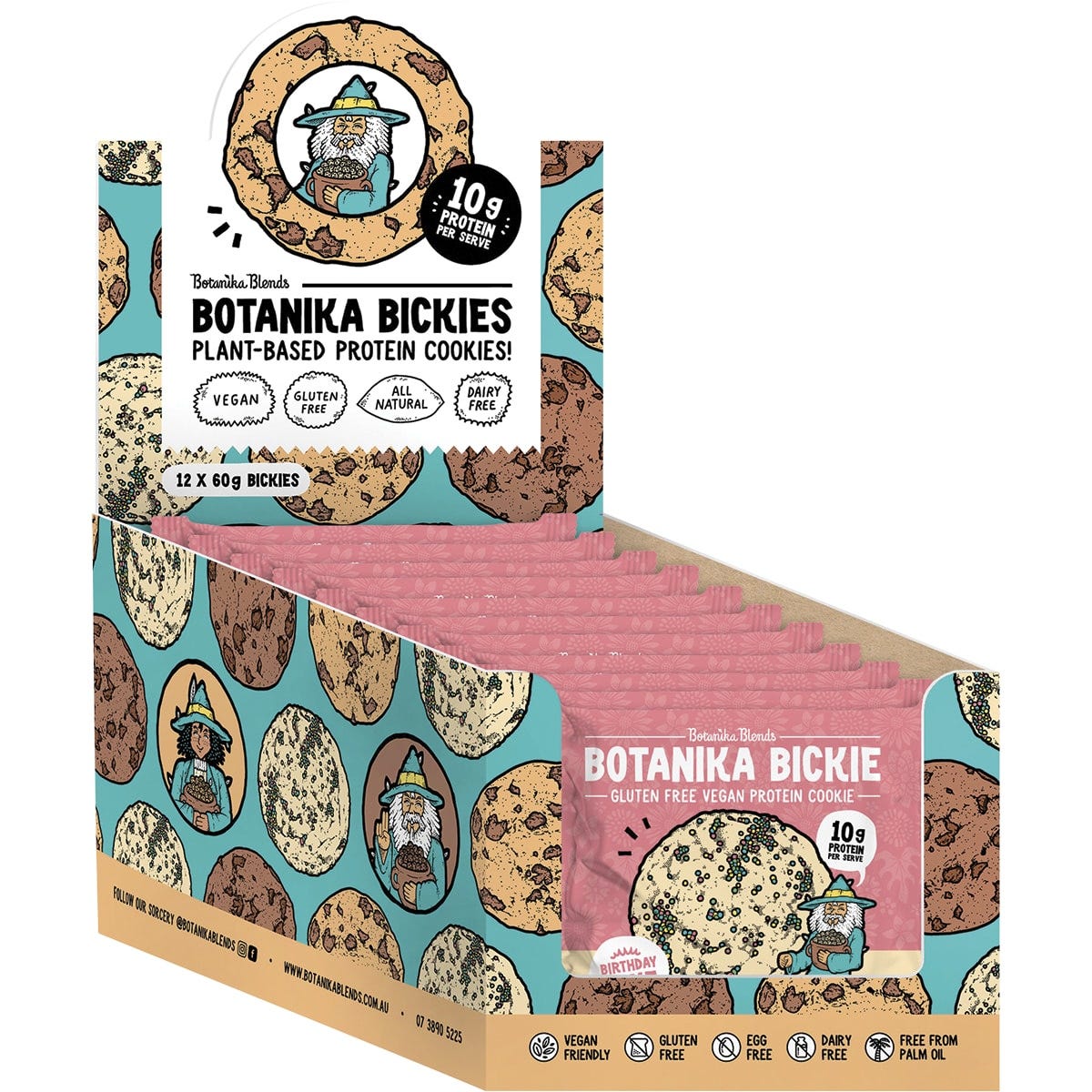 Back of Botanika Blends Birthday Cake protein cookie wrapper with nutrition facts and ingredients on a white background.