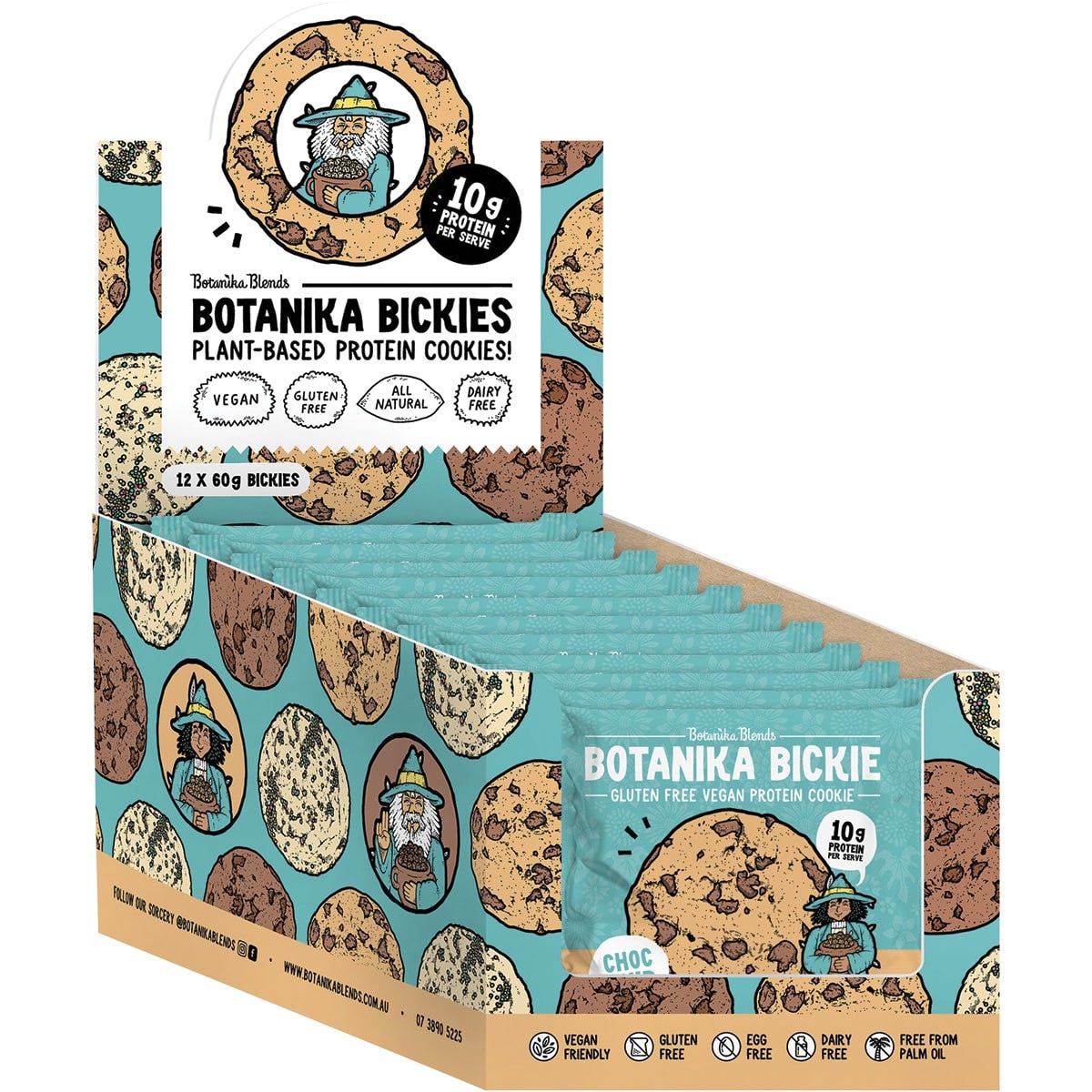 Back of Botanika Bickie Choc Chip 60g wrapper with nutrition facts, ingredients, and allergen information.