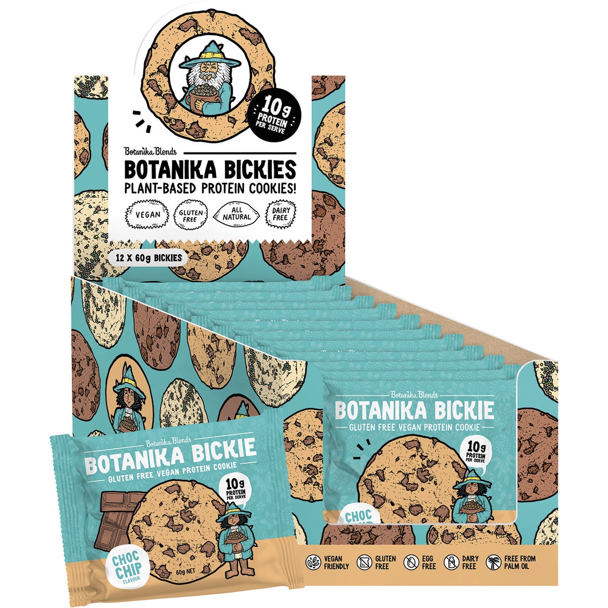 Box of 12 Botanika Bickie Choc Chip protein cookies with a single 60g cookie displayed in front.