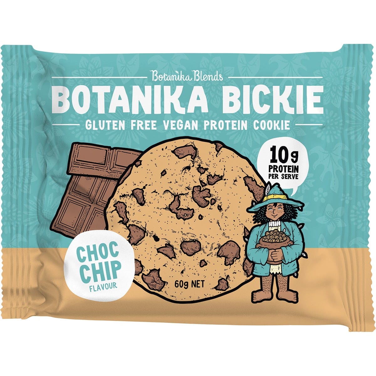 Botanika Bickie Choc Chip protein cookie in its green wrapper featuring dark chocolate chunks on a white background.