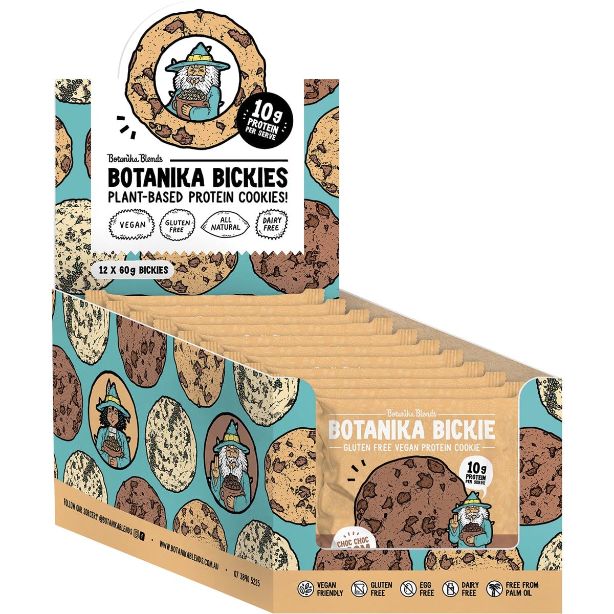 Back of Botanika Blends Choc Choc Boom cookie wrapper showing nutrition facts, ingredients, and storage information.