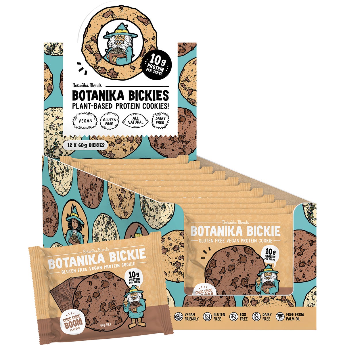 Botanika Blends Choc Choc Boom protein cookie 60g in a blue and orange wrapper on a white background.