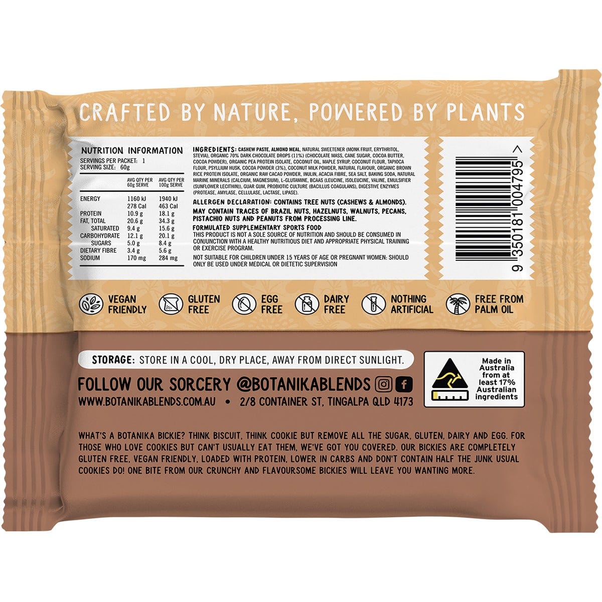 Botanika Blends Choc Choc Boom protein cookie 60g in a blue and orange wrapper on a white background.