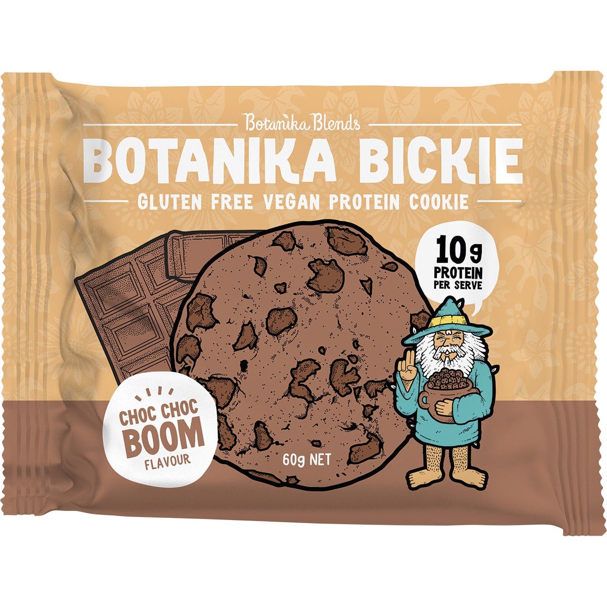 Botanika Blends Choc Choc Boom protein cookie 12-pack display box and single bar on a white background.