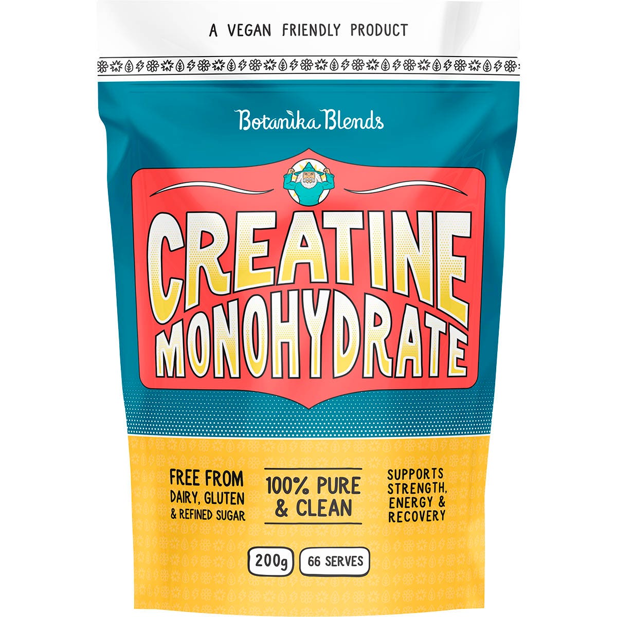 200g bag of Botanika Blends Creatine Monohydrate, a pure pharmaceutical-grade vegan supplement for energy and focus.