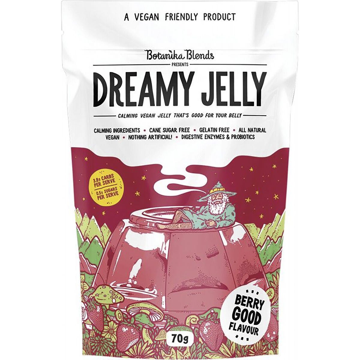 70g pouch of Botanika Blends Dreamy Jelly Berry Good, a vegan strawberry-flavored jelly for sleep and relaxation.