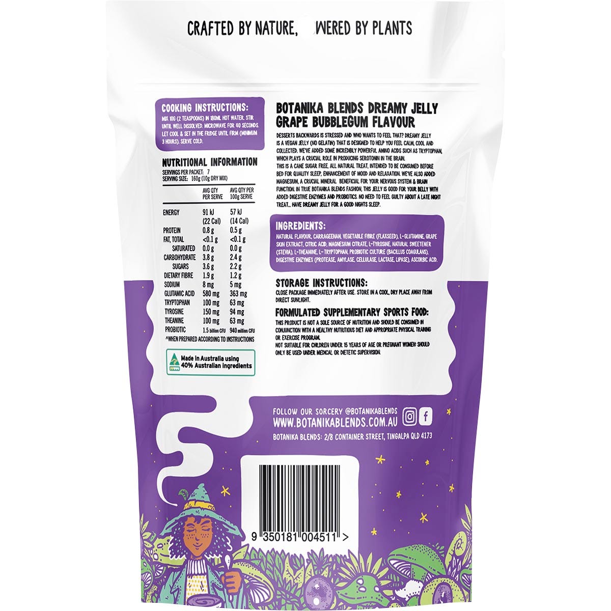 Botanika Blends Grape Bubblegum Dreamy Jelly 70g pouch showing nutritional information and directions for use.