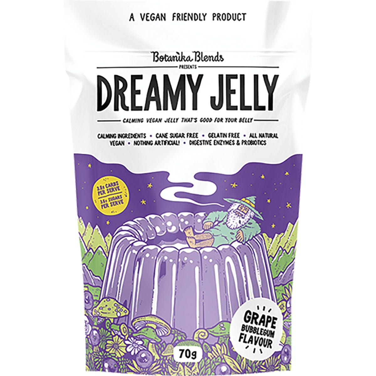 70g pouch of Botanika Blends Dreamy Jelly Grape Bubblegum with illustrations of grapes and a moon.