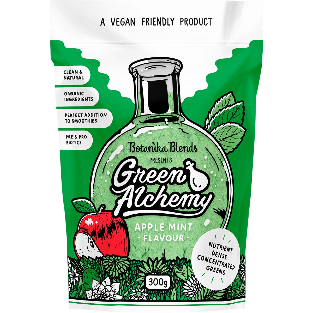 Botanika Blends Green Alchemy Apple Mint 300g tub with green and white labels and botanical illustrations.