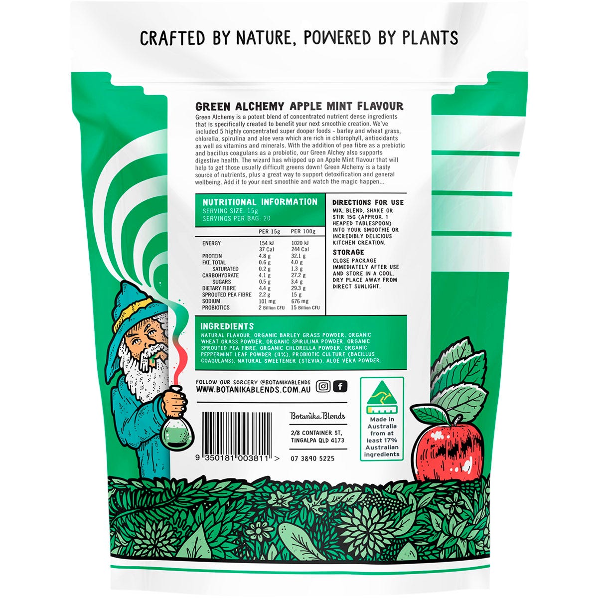 Botanika Blends Green Alchemy Apple Mint 300g tub with green and white labels and botanical illustrations.