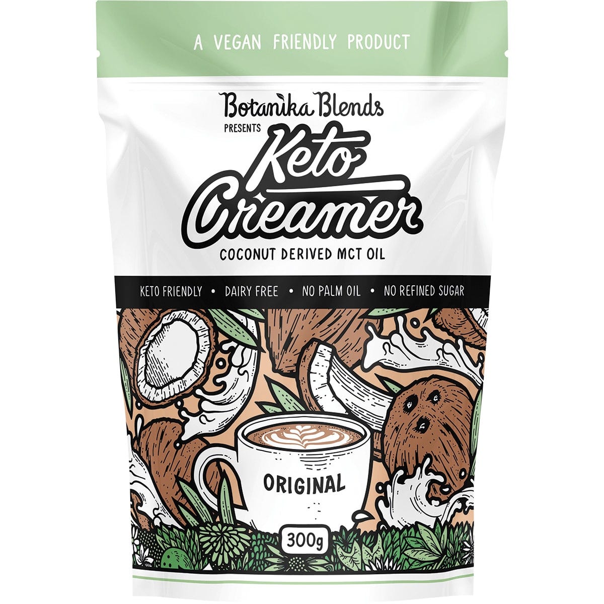 300g tub of Botanika Blends Original Keto Creamer, a plant-based, gluten-free dietary supplement.