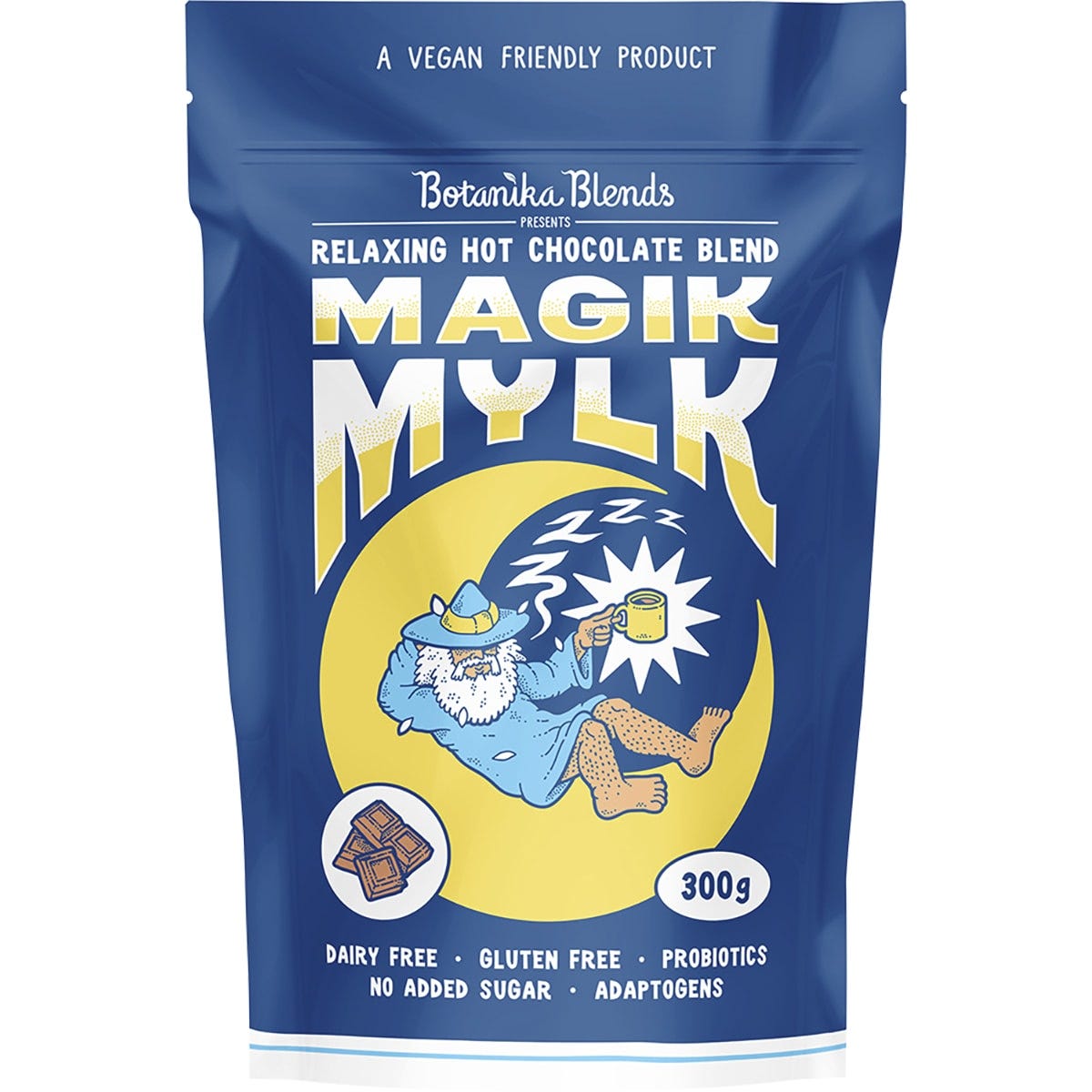 300g tub of Botanika Blends Magik Mylk Hot Chocolate featuring a purple label with a wizard and moon illustration.