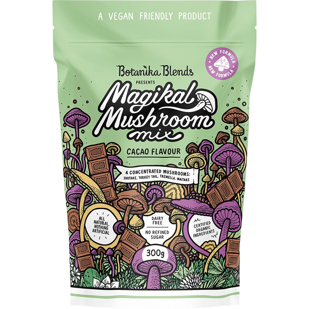 300g tub of Botanika Blends Magikal Mushroom Mix Cacao with organic mushrooms and raw cacao on a white background.