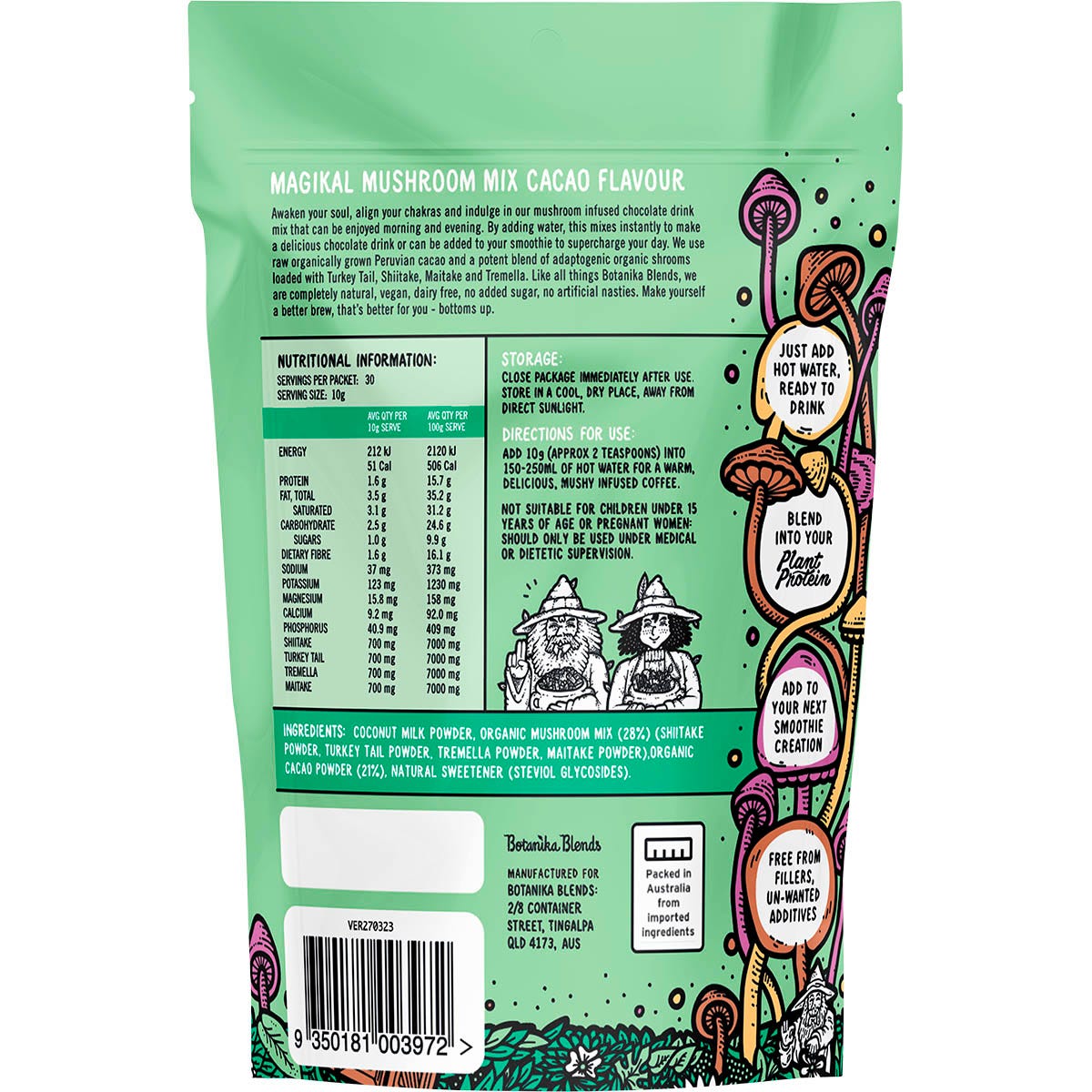Botanika Blends Magikal Mushroom Mix Cacao 300g tub with mushroom illustrations on a white background.