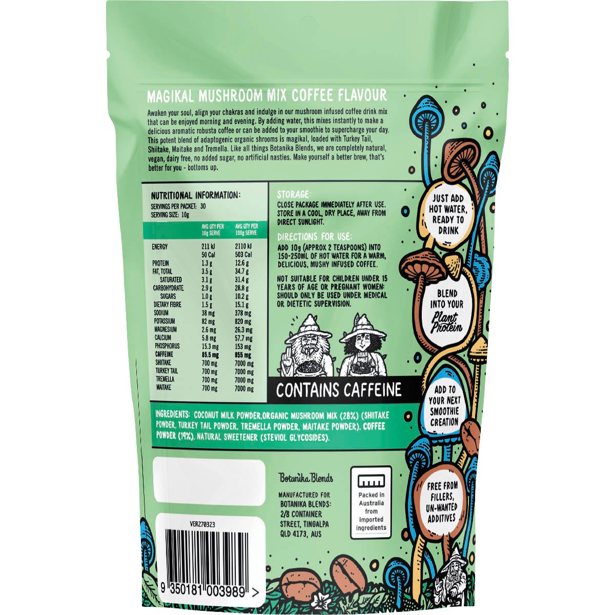 300g tub of Botanika Blends Magikal Mushroom Mix Coffee featuring shiitake, turkey tail, tremella, and maitake.