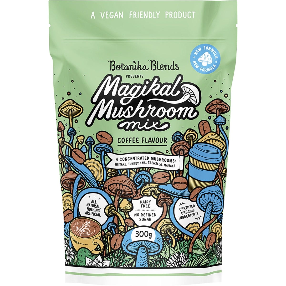 300g tub of Botanika Blends Magikal Mushroom Mix Coffee with organic shiitake, turkey tail, tremella, and maitake.