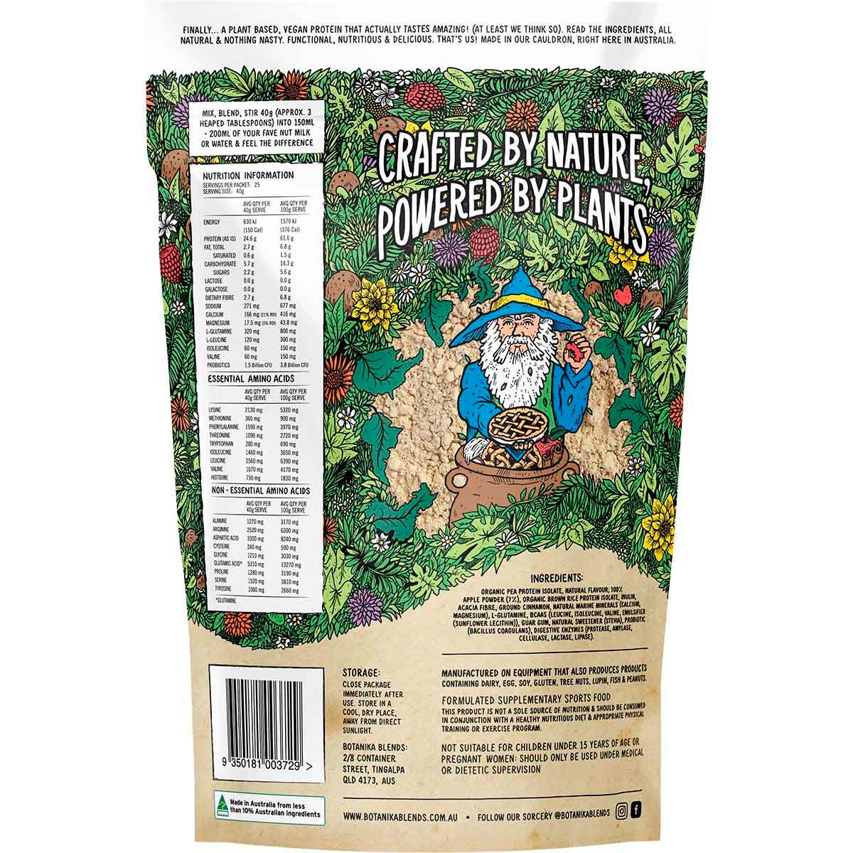Botanika Blends Oh My Apple Pie 1kg plant protein bag with apple and cinnamon illustrations on a white background.