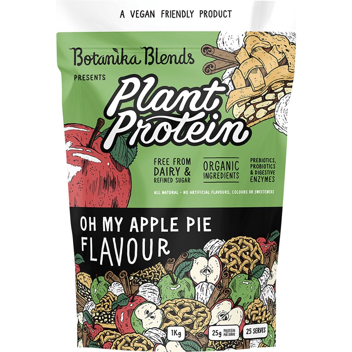 1kg bag of Botanika Blends Oh My Apple Pie Plant Protein with illustrations of apples and cinnamon on a white background.