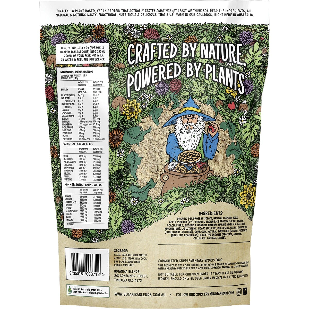 Back of Botanika Blends Apple Pie Plant Protein 500g bag showing nutritional information and ingredients.