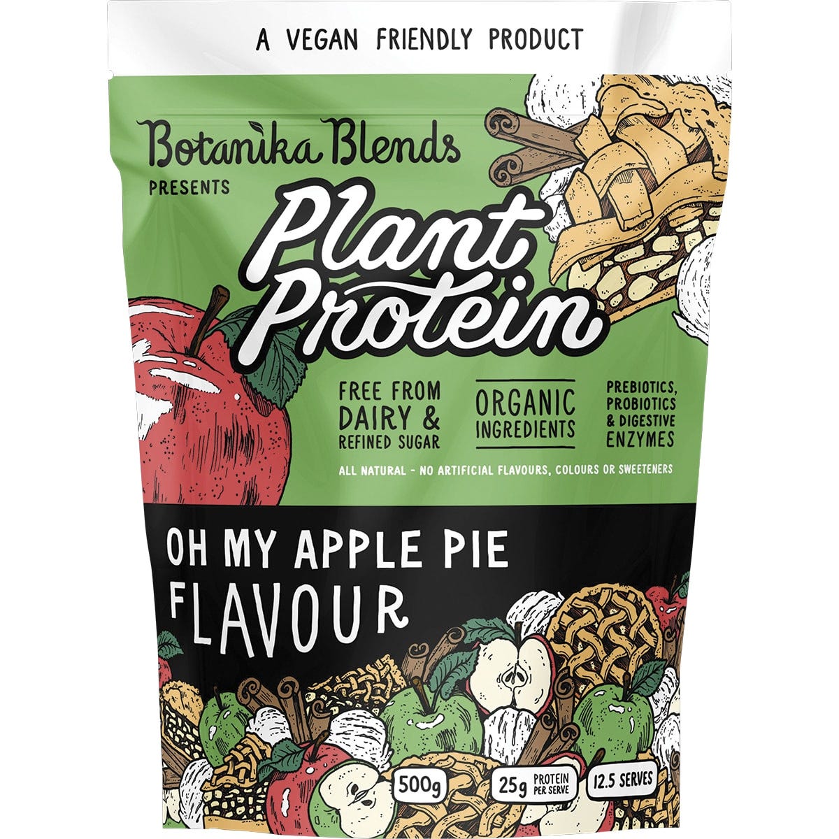 Botanika Blends Apple Pie Plant Protein 500g bag with a scoop and apple slice illustration on a white background.
