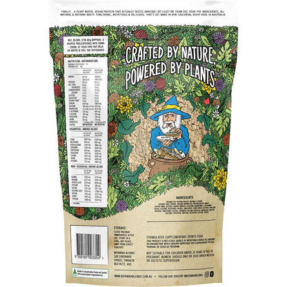 Botanika Blends 1kg Banoffee Pie plant protein tub showing nutritional panel and ingredients on a yellow label.