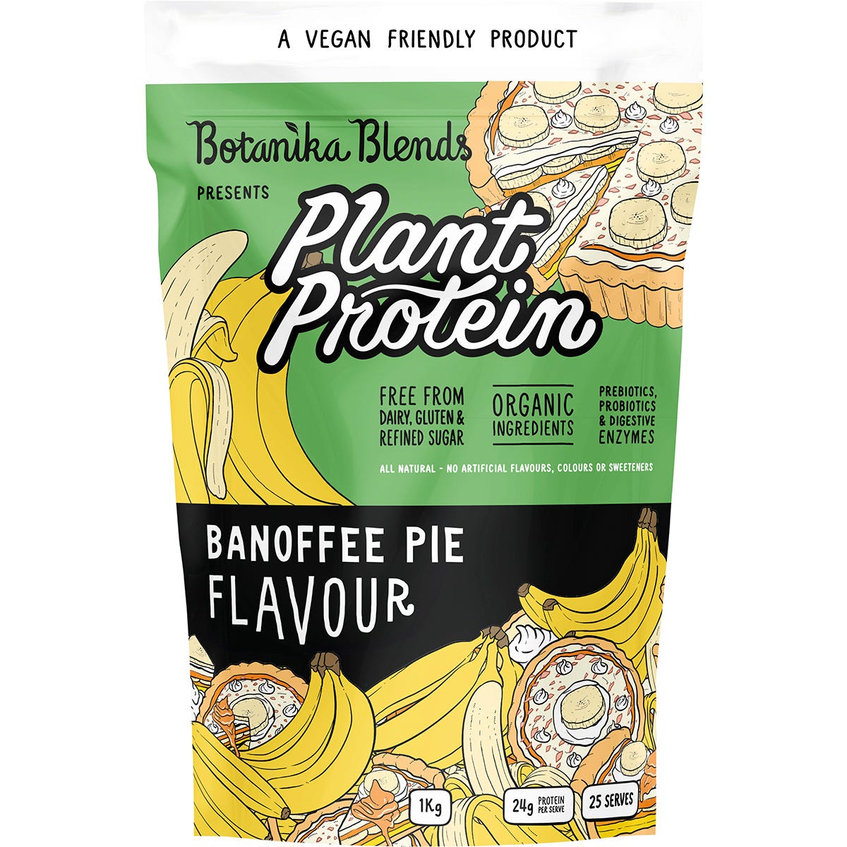 1kg tub of Botanika Blends Banoffee Pie plant protein featuring a yellow label with a wizard logo on a white background.