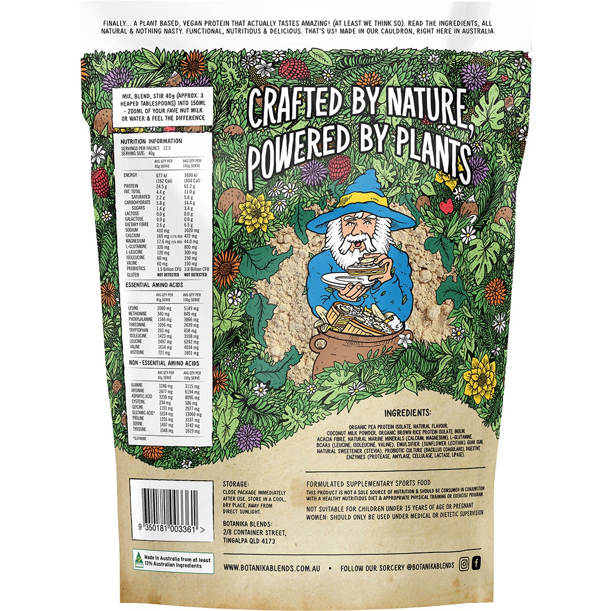 Side view of a 500g Botanika Blends Banoffee Pie Plant Protein tub with nutrition facts and directions.