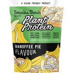 500g tub of Botanika Blends Banoffee Pie plant protein with banana and caramel illustrations on a white background.