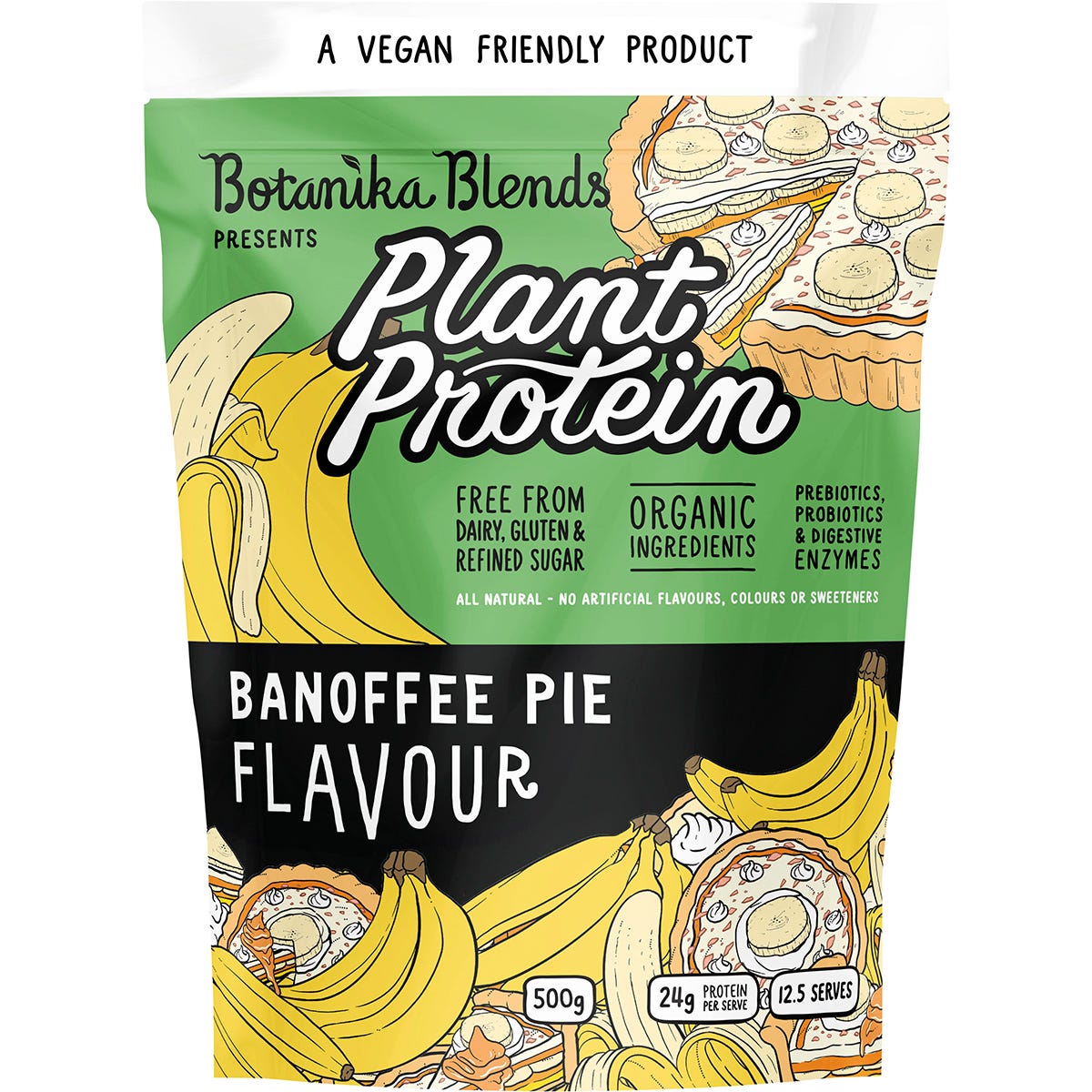 500g tub of Botanika Blends Banoffee Pie plant protein with banana and caramel illustrations on a white background.
