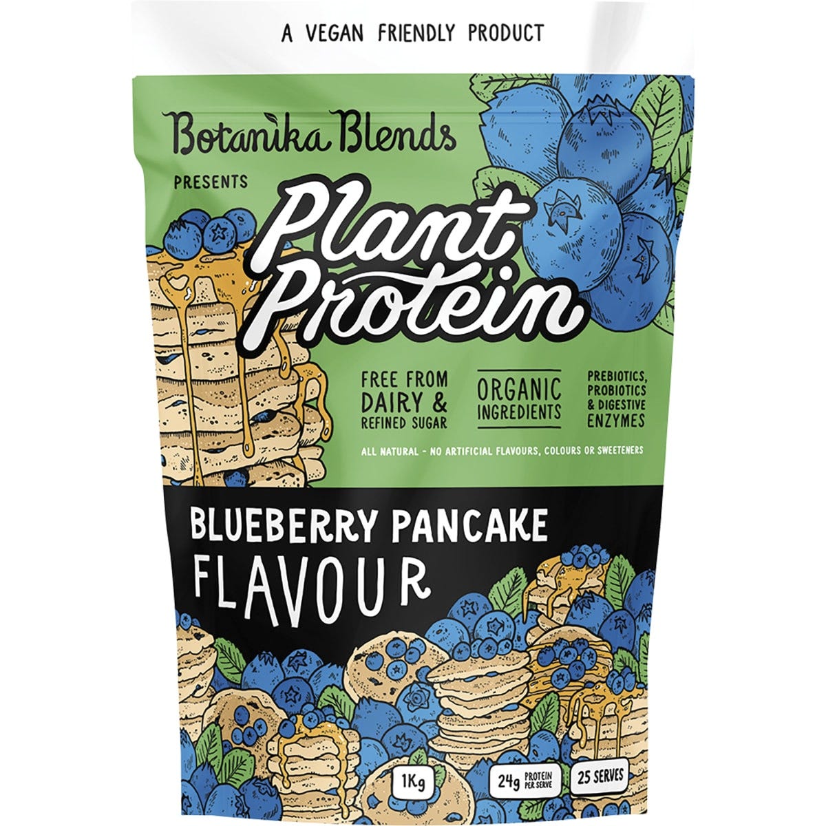 1kg tub of Botanika Blends Blueberry Pancake plant protein with a blue label featuring blueberry illustrations.