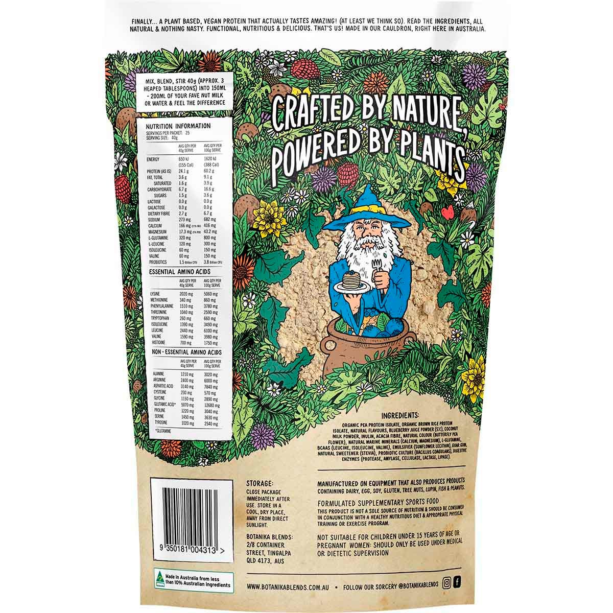 1kg tub of Botanika Blends Blueberry Pancake plant protein with a blue label on a white background.