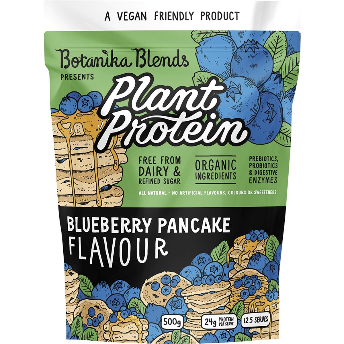 500g tub of Botanika Blends Blueberry Pancake plant protein featuring a purple label with blueberries and pancakes.