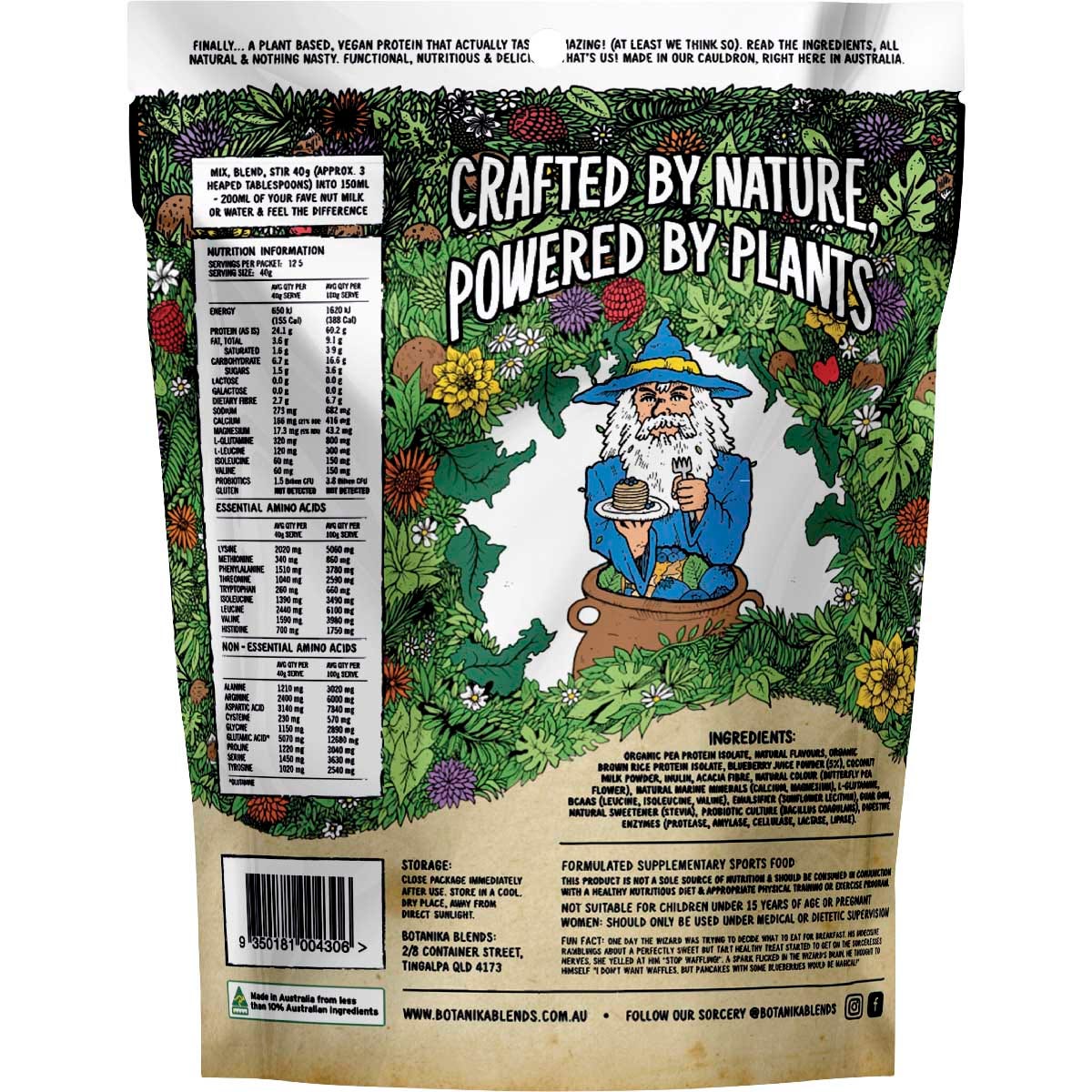 500g tub of Botanika Blends Blueberry Pancake plant protein with a purple label on a white background.