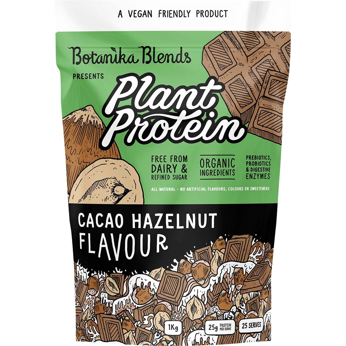 1kg tub of Botanika Blends Plant Protein Cacao Hazelnut featuring a dark label and botanical illustrations.