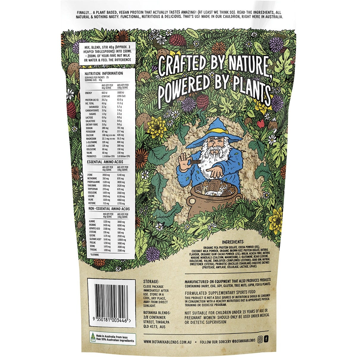 Cacao Hazelnut Botanika Blends Plant Protein 1kg tub with a dark label and botanical designs on a white background.