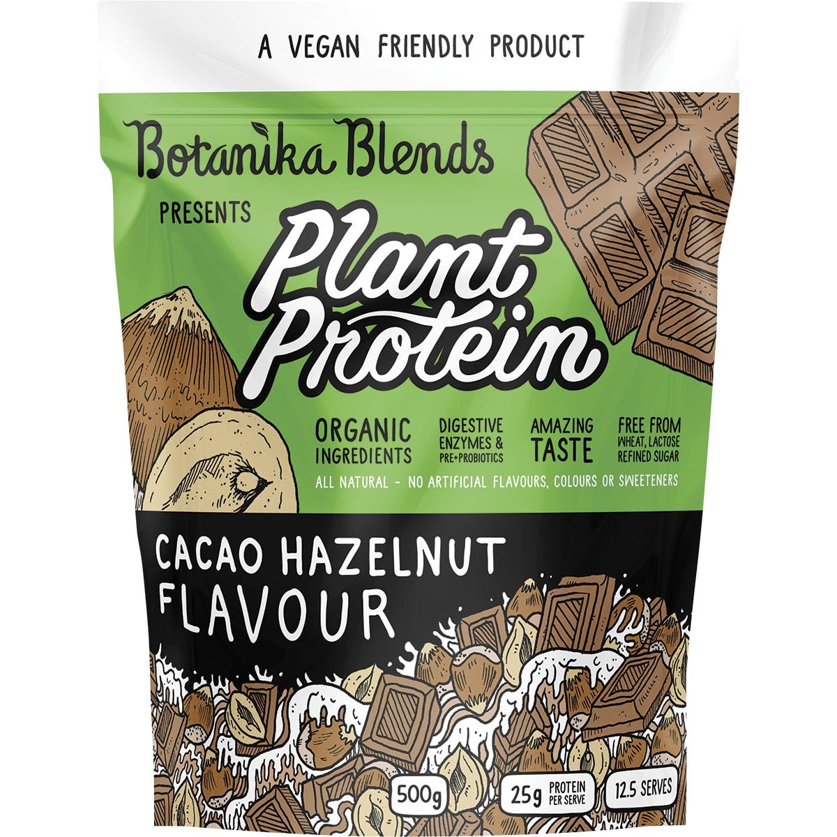 500g tub of Botanika Blends Cacao Hazelnut plant protein on a white background.