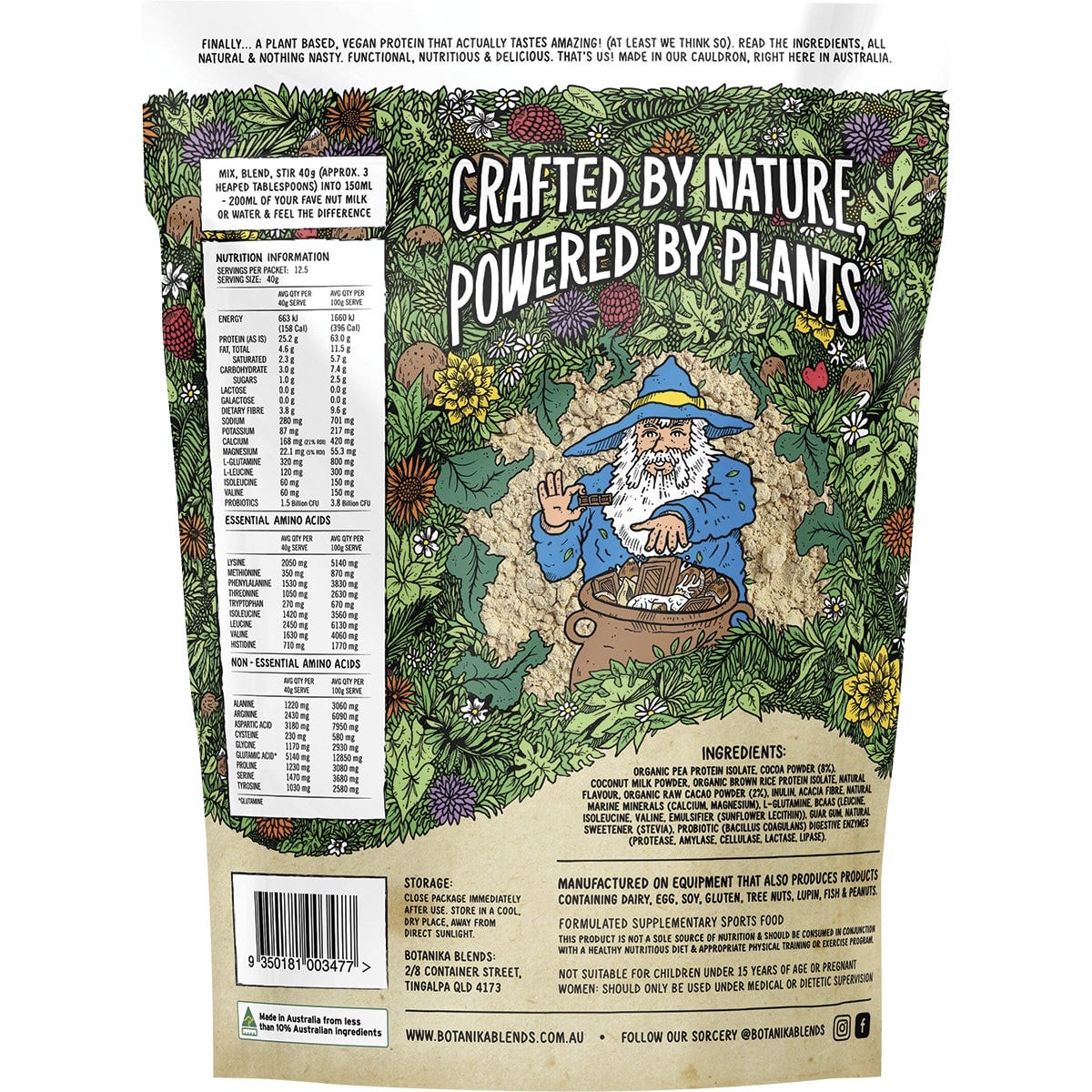500g tub of Botanika Blends Cacao Hazelnut Plant Protein on a white background.