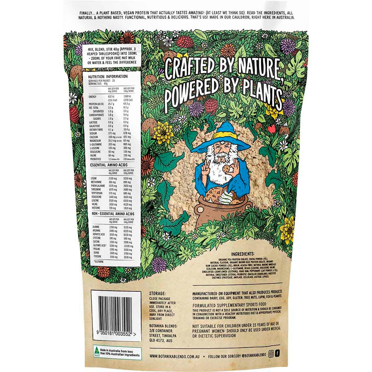 Botanika Blends 1kg plant protein tub in Cacao Mint Cookies & Cream flavor with a green and white label.
